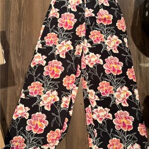 Roxy Black Wide-Leg Pants with Pink & Coral Floral Print